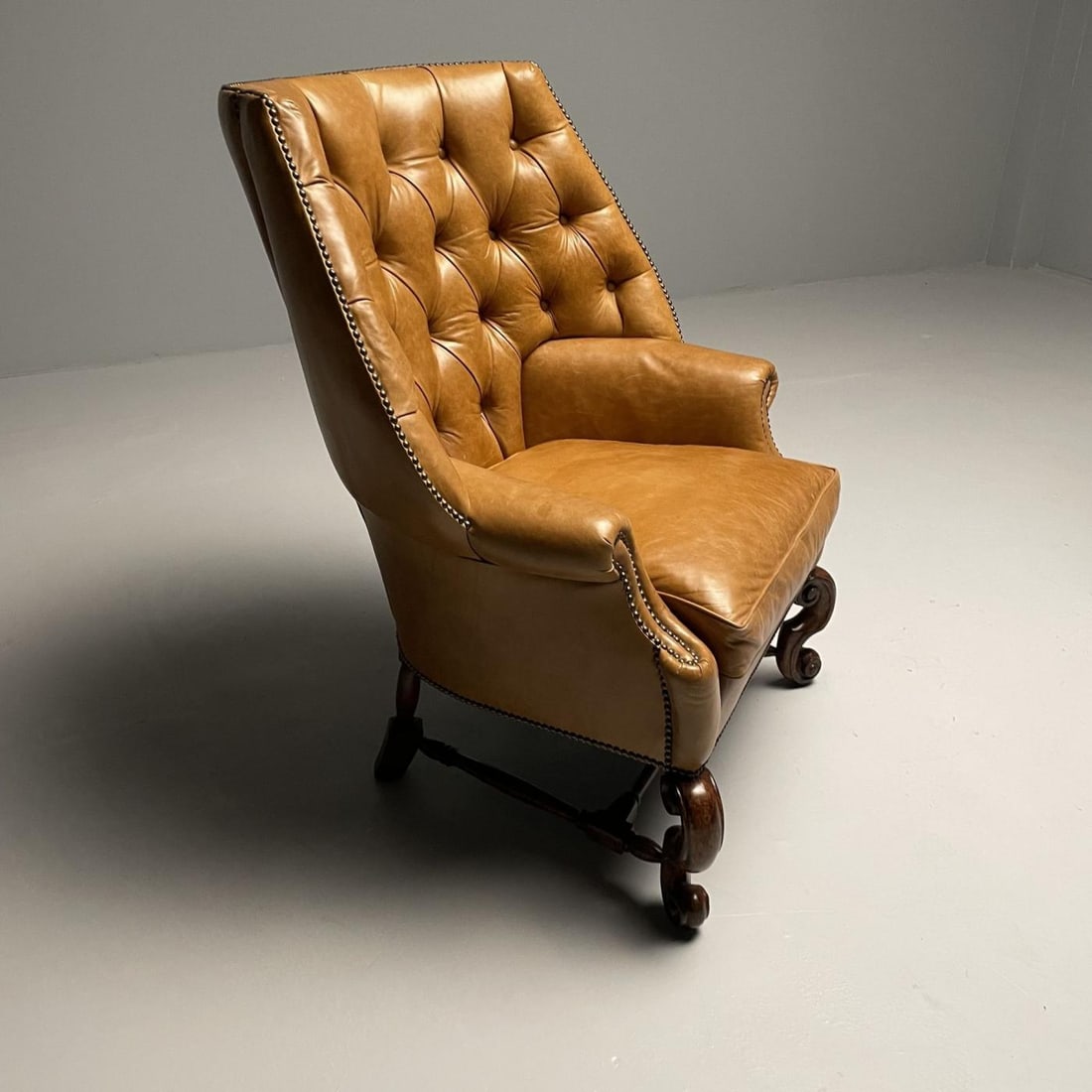 Georgian, Large Tufted Lounge Chairs and Ottomans, Tan Leather, USA, 2000s - 9