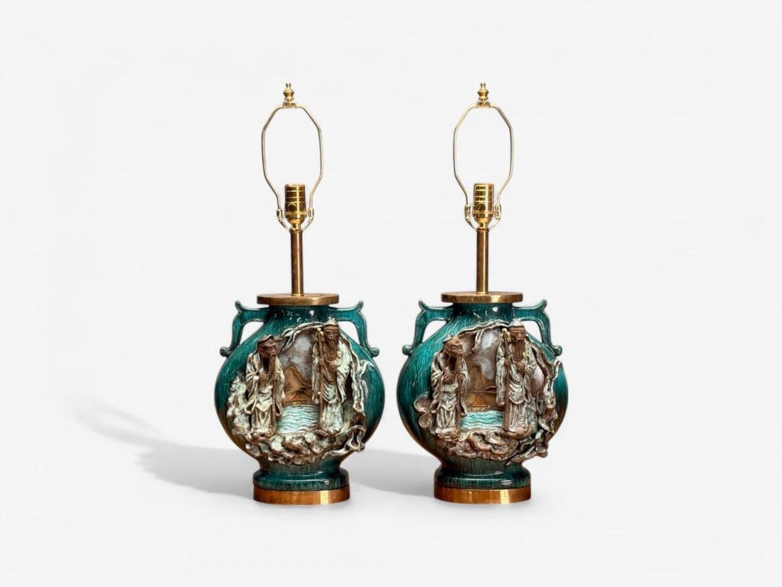 Marcello Fantoni, Green Ceramic, Chinese Table Lamps, Italy, 1940s - 3