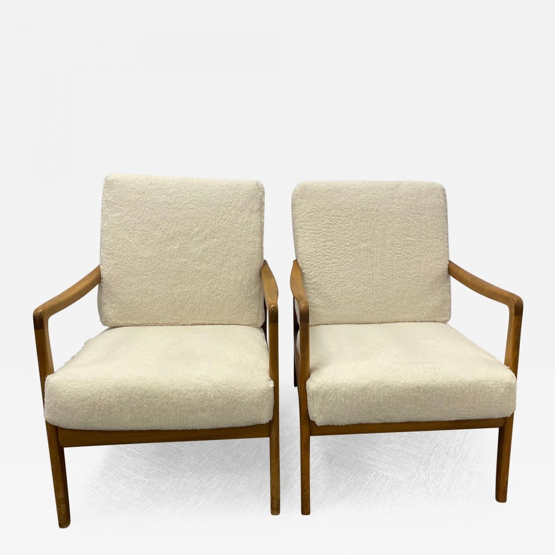 France and Daverkosen Teak Armchairs, Mid-Century Modern in Sherpa Style Fabric (1 of 13)