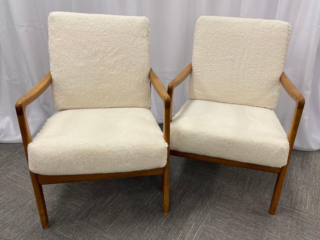 France and Daverkosen Teak Armchairs, Mid-Century Modern in Sherpa Style Fabric - 3