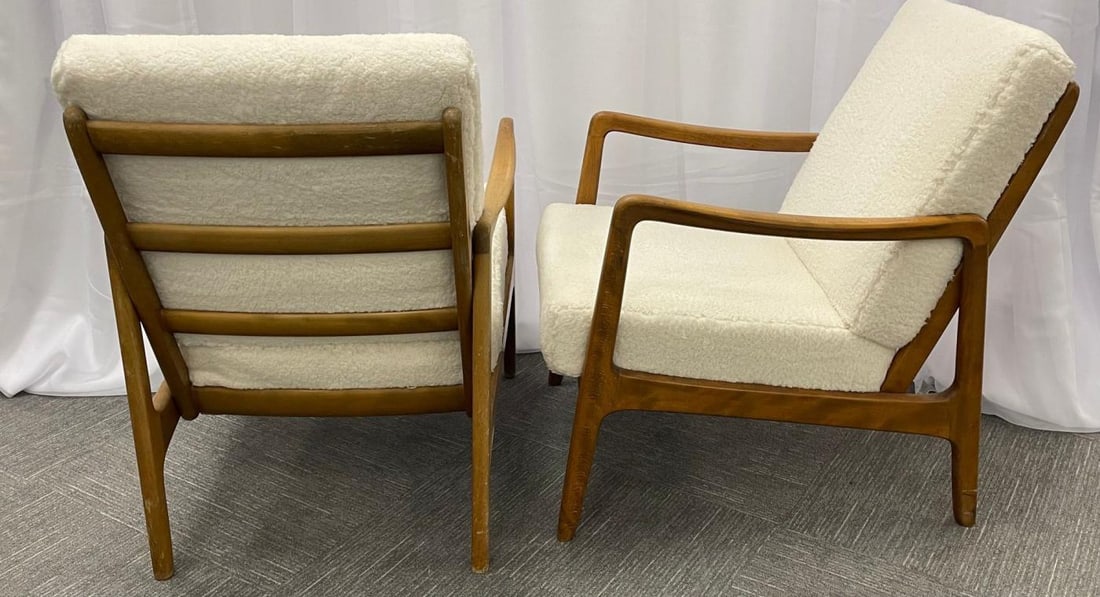 France and Daverkosen Teak Armchairs, Mid-Century Modern in Sherpa Style Fabric - 5