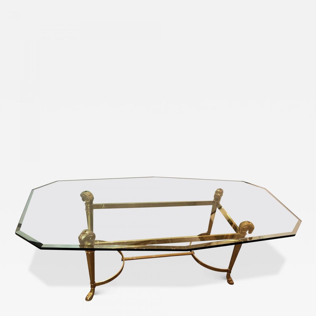 Manner of Jansen Octagon Glass Coffee Table Heavy Brass Ram Head (1 of 10)