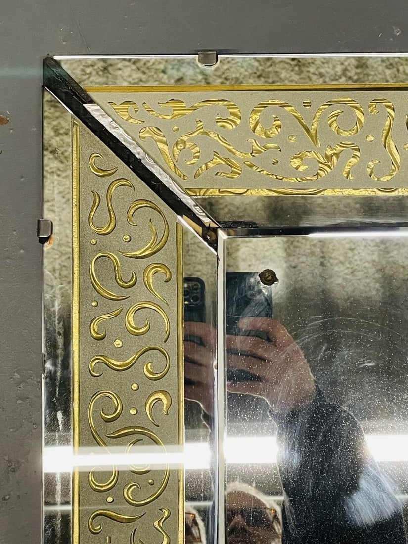 Hollywood Regency Etched Frosted Glass Framed Bevelled Wall or Console Mirror - 8