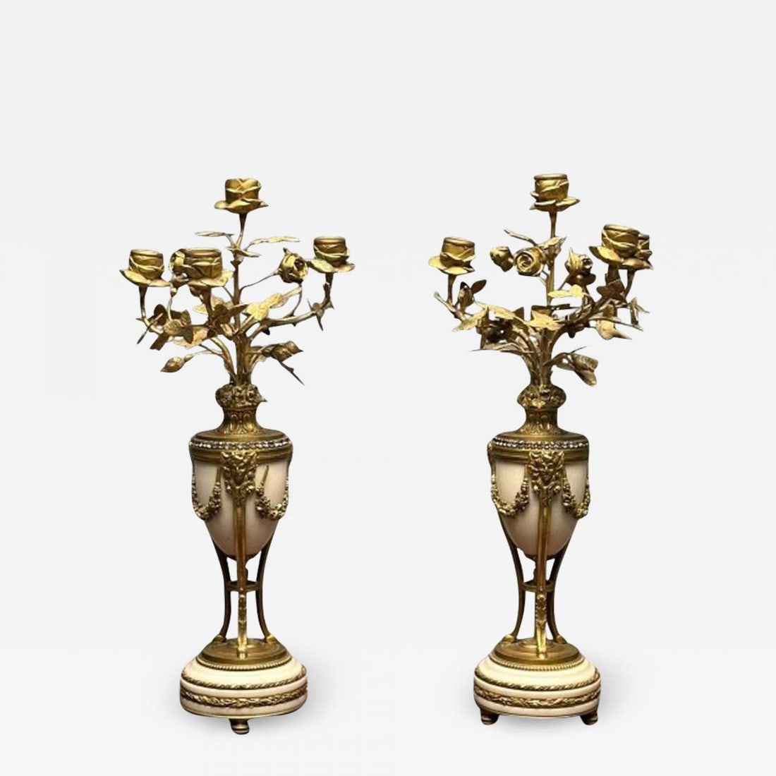 Pair of Louis XVI Style Bronze and Marble Four-Light Candelabra, Jeweled (1 of 13)