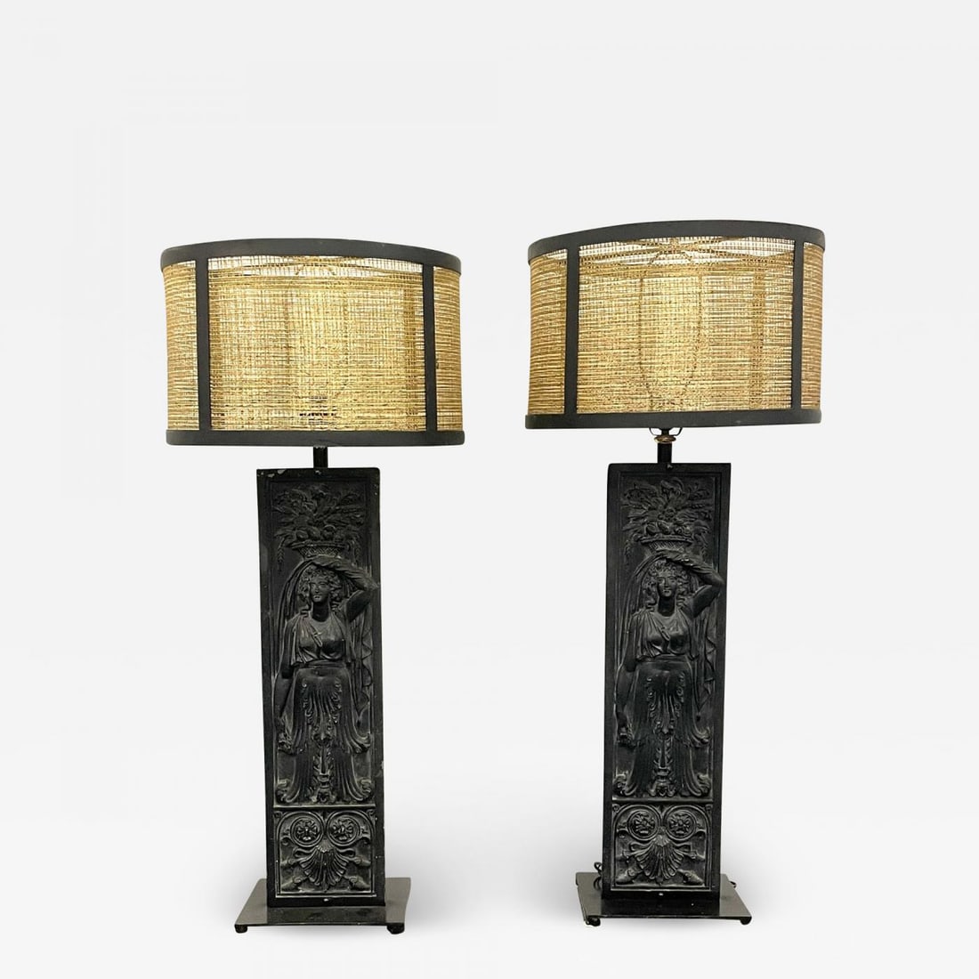 Pair of Giacometti Style Palatial Table Lamps, Custom Shades, Grecian, Metal (1 of 13)