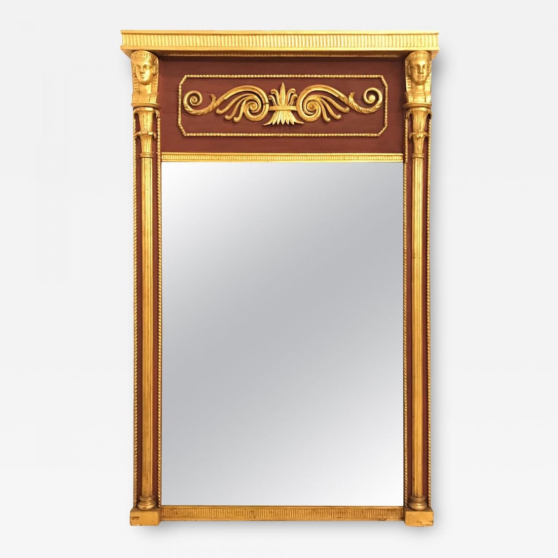 Russian Neoclassical Style Parcel Paint and Gilt Decorated Mirror: Title: Russian Neoclassical Style Parcel Paint and Gilt Decorated Mirror Description: Russian neoclassical style parcel paint and gilt decorated mirror with carved heads. The central mirror flanked by
