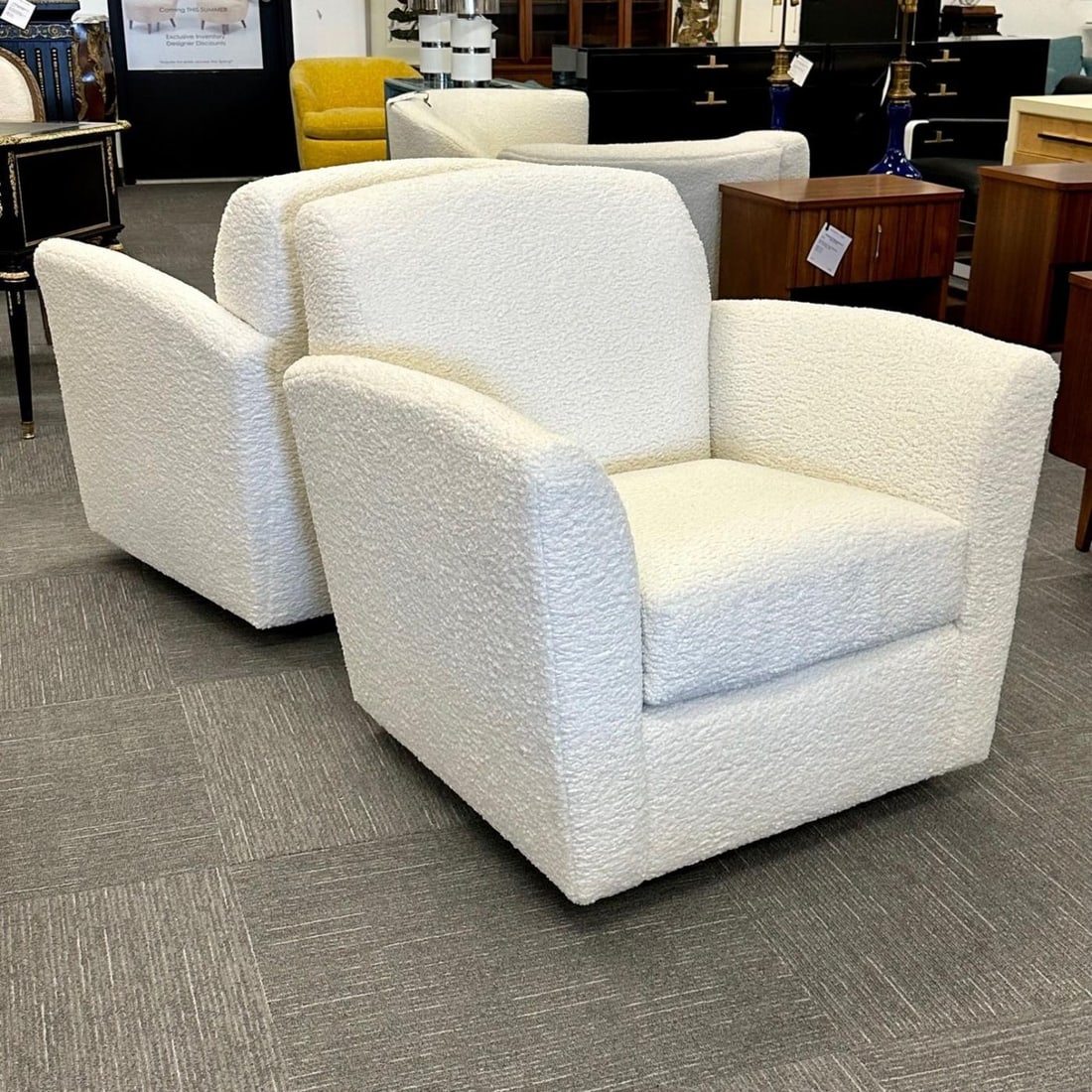 Pair of Mid-Century Modern Square White Boucle Rocking Lounge / Swivel Chairs - 12
