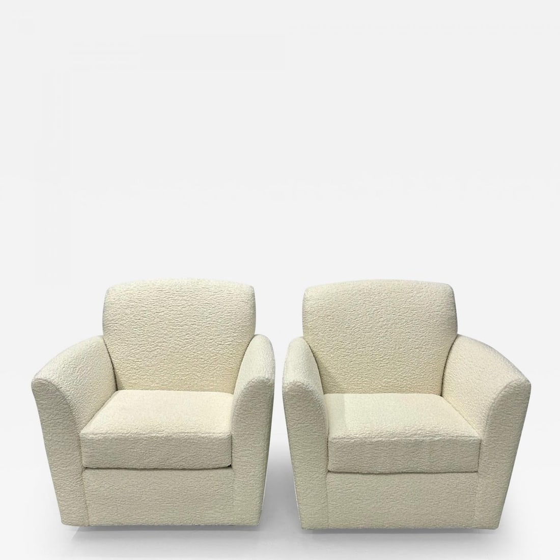 Pair of Mid-Century Modern Square White Boucle Rocking Lounge / Swivel Chairs - 2