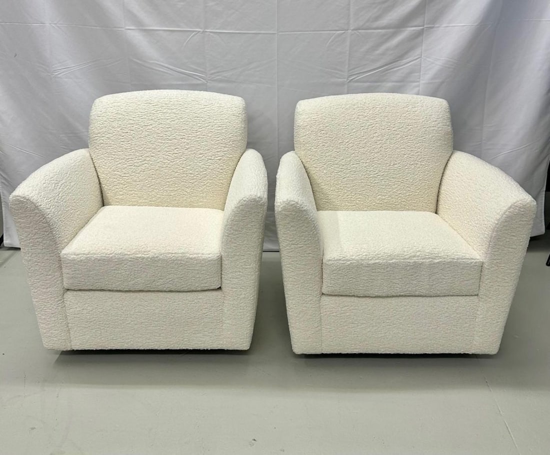 Pair of Mid-Century Modern Square White Boucle Rocking Lounge / Swivel Chairs - 3