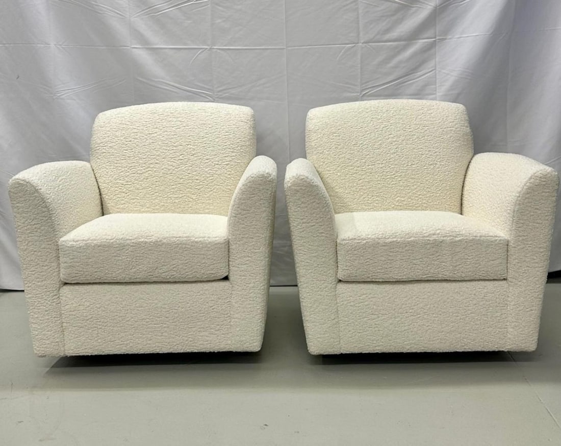 Pair of Mid-Century Modern Square White Boucle Rocking Lounge / Swivel Chairs - 4