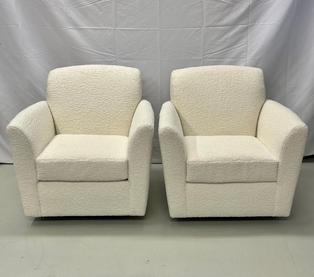 Pair of Mid-Century Modern Square White Boucle Rocking Lounge / Swivel Chairs - 5