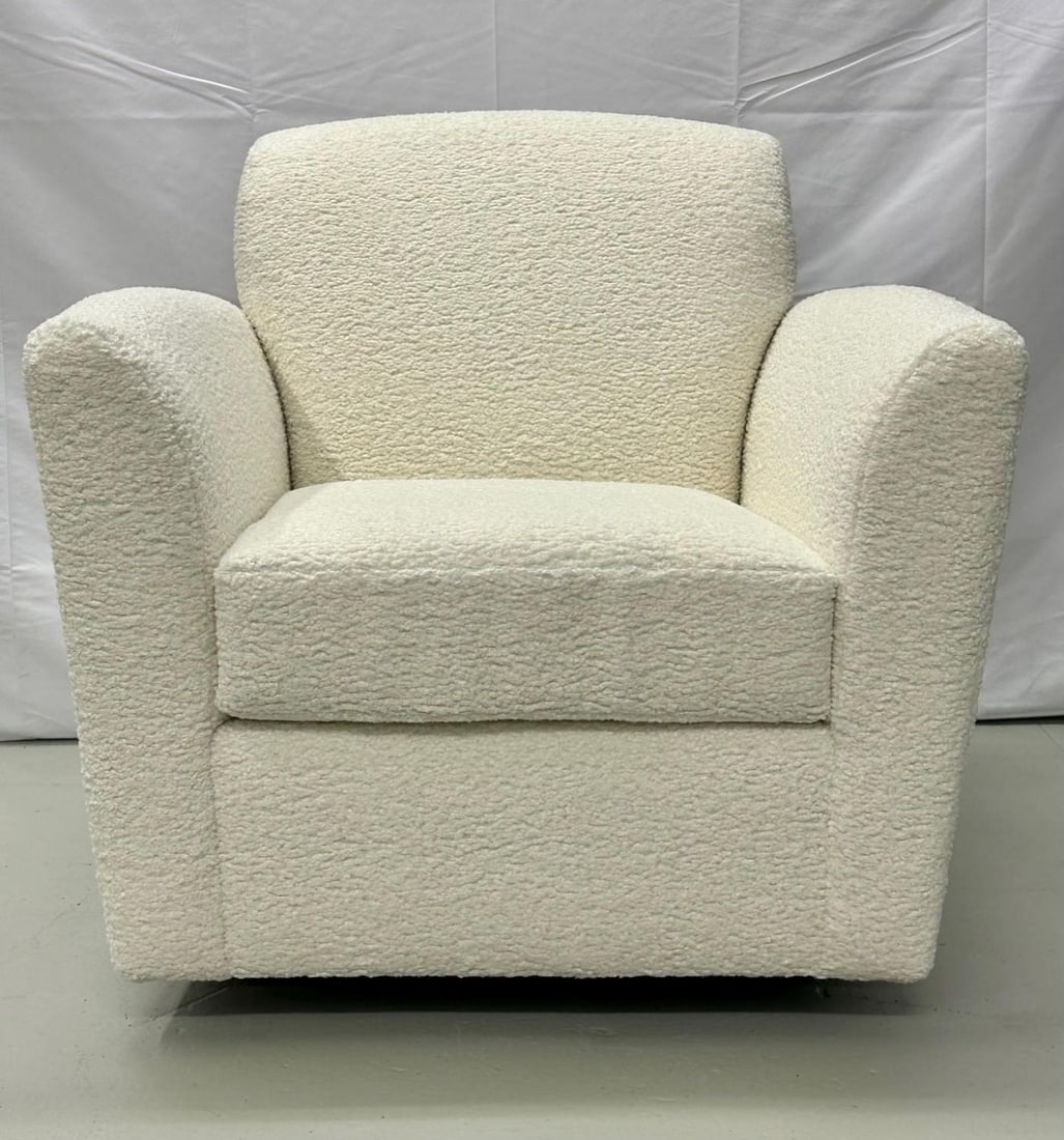 Pair of Mid-Century Modern Square White Boucle Rocking Lounge / Swivel Chairs - 9