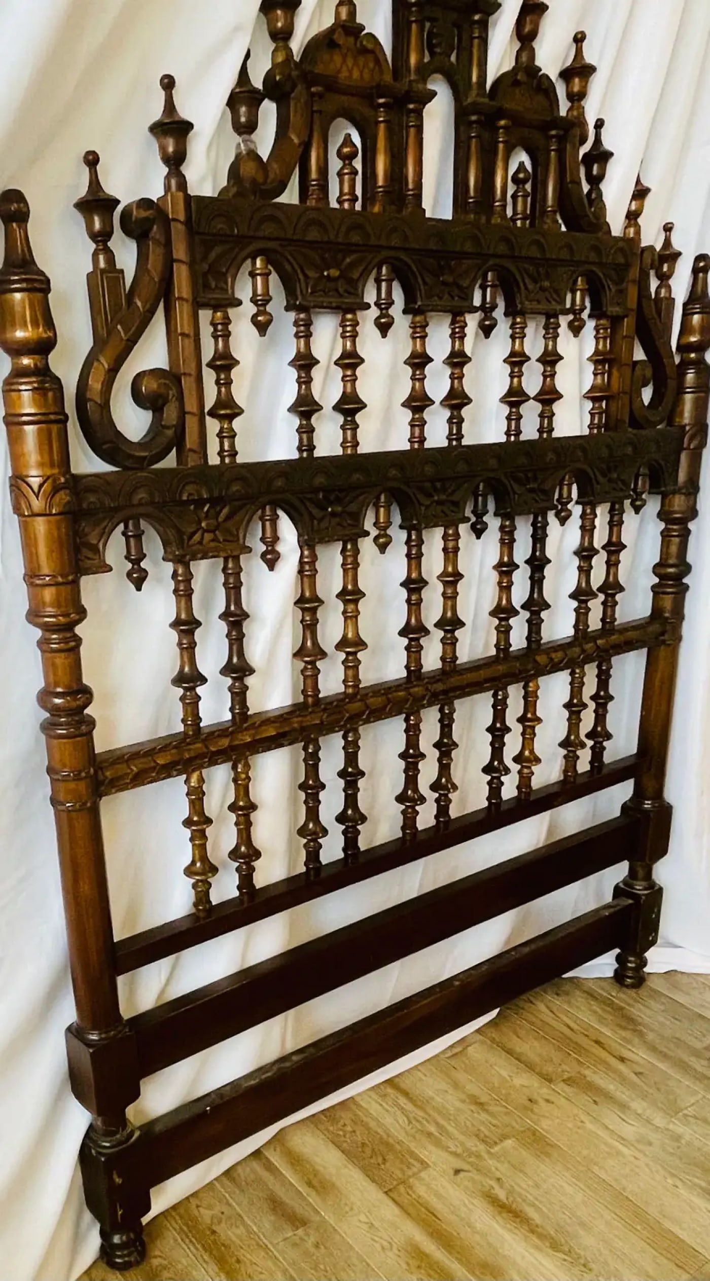 Victorian Eccentric Wooden Headboard, Jacobian Style, Walnut - 10