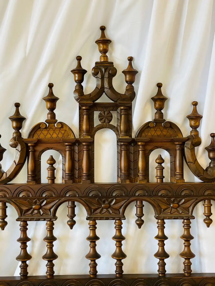 Victorian Eccentric Wooden Headboard, Jacobian Style, Walnut - 5