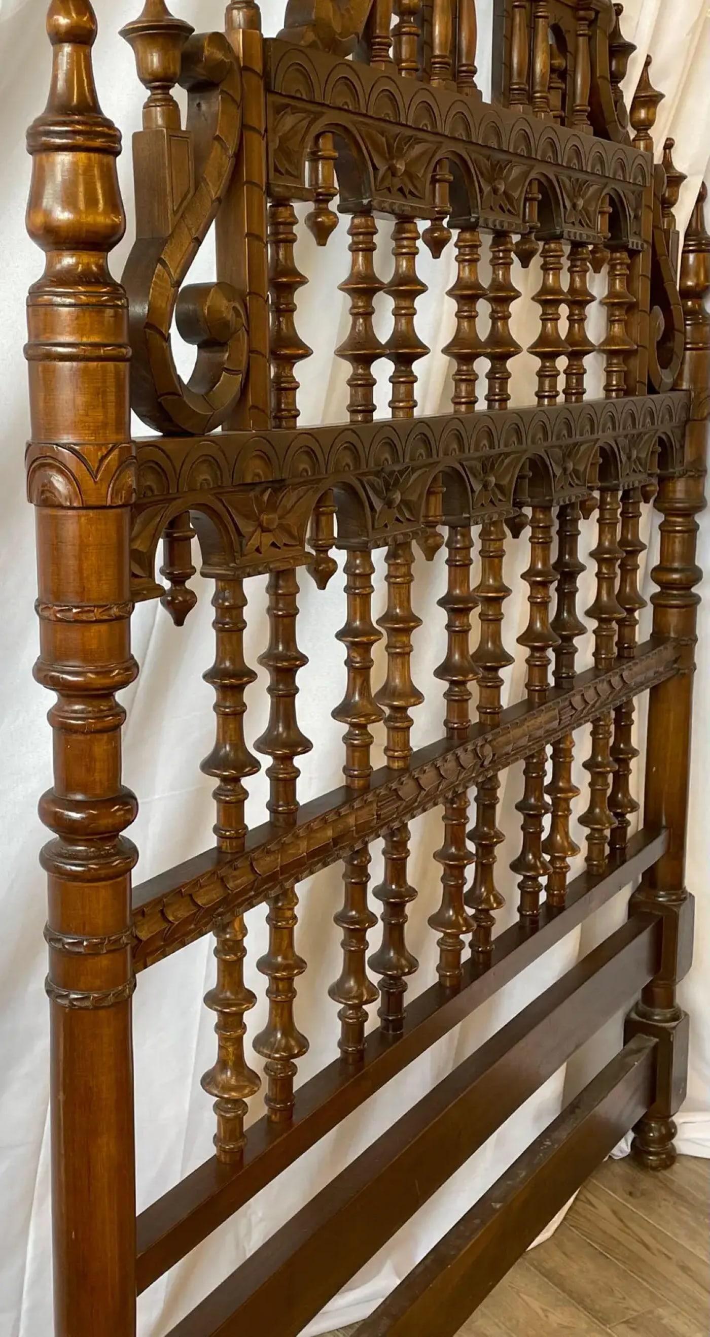 Victorian Eccentric Wooden Headboard, Jacobian Style, Walnut - 6