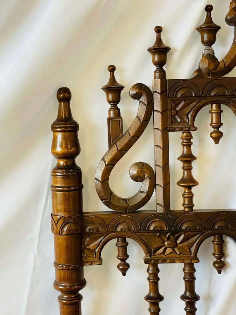 Victorian Eccentric Wooden Headboard, Jacobian Style, Walnut - 7