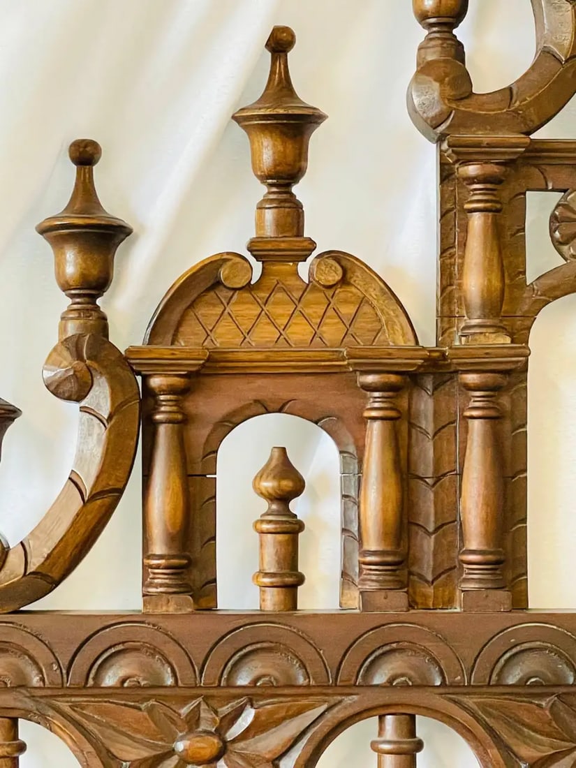 Victorian Eccentric Wooden Headboard, Jacobian Style, Walnut - 8