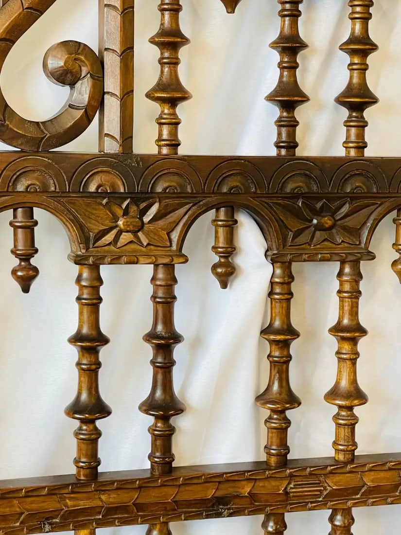 Victorian Eccentric Wooden Headboard, Jacobian Style, Walnut - 9