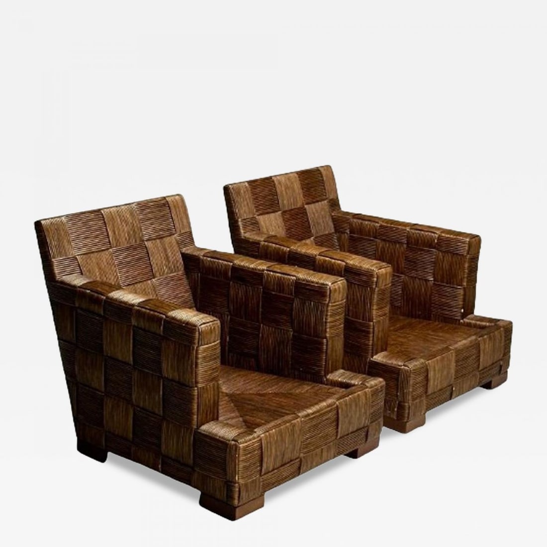 John Hutton, Woven Cane, Mahogany, Oversized Lounge Chairs, USA, 1990s - 2