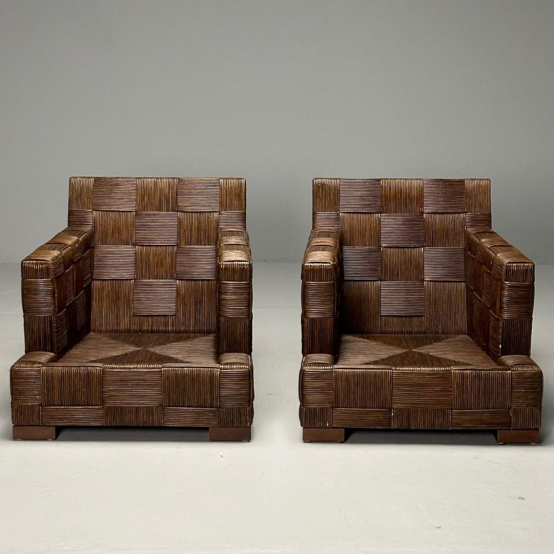 John Hutton, Woven Cane, Mahogany, Oversized Lounge Chairs, USA, 1990s - 4