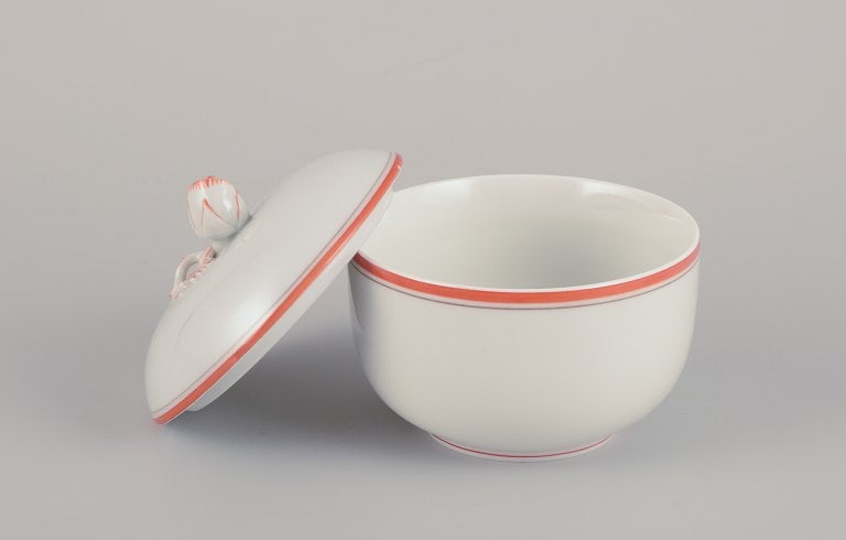 Meissen, Germany. A sugar bowl and a salt cellar. Decorated with coral red and gold-colored trim. - 4