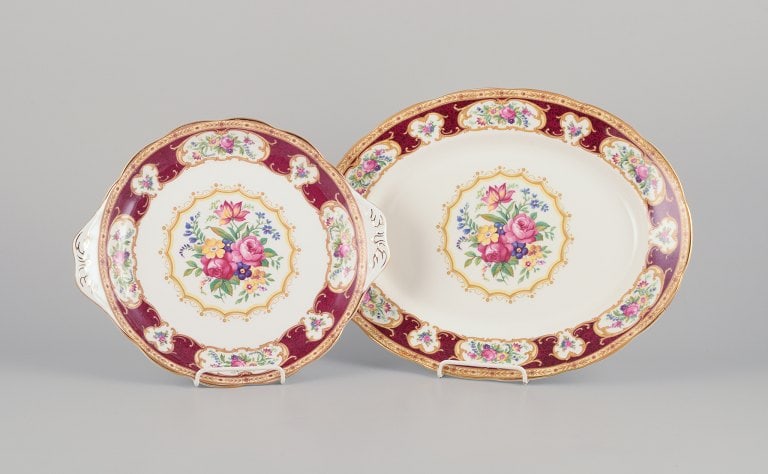 Royal Albert, England. "Lady Hamilton." Oval serving platter and a round dish with polychrome floral (1 of 8)