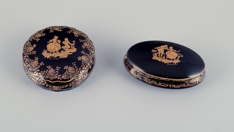 Limoges, France. Two covered jars in porcelain, one oval, decorated with 22-karat gold leaf and (1 of 9)