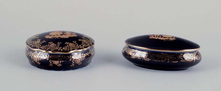 Limoges, France. Two covered jars in porcelain, one oval, decorated with 22-karat gold leaf and - 2