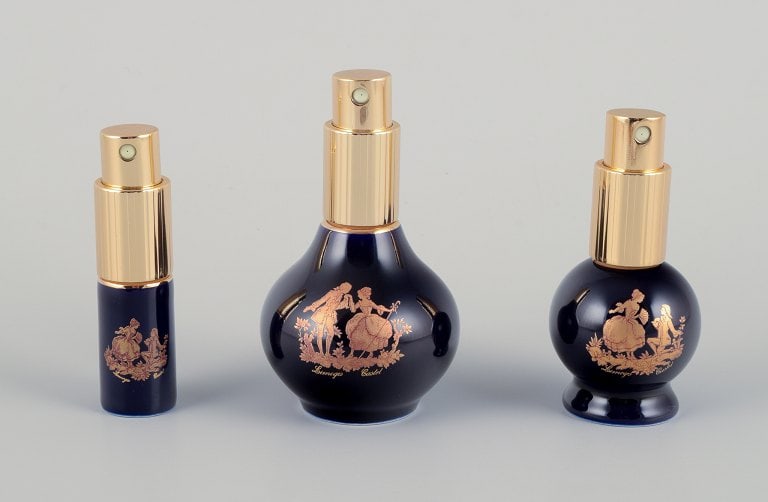 Limoges, France. Three porcelain perfume bottles, decorated with 22-karat gold leaf and a beautiful (1 of 6)