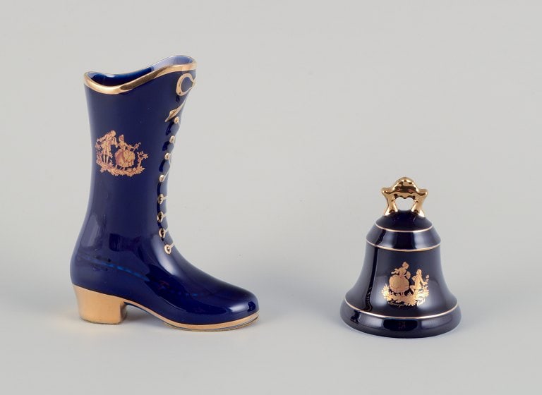 Limoges, France. Porcelain boot and table bell decorated with 22-karat gold leaf and a beautiful (1 of 9)