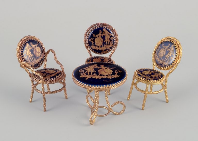 Limoges, France. Miniature table and chairs made of metal and porcelain, decorated with 22-karat (1 of 8)