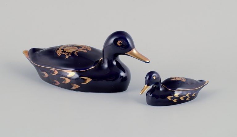 Limoges, France. Two porcelain ducks decorated with 22-karat gold leaf and a beautiful royal blue (1 of 9)