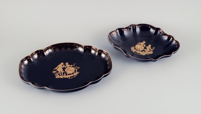 Limoges, France. Two porcelain serving platters adorned with 22-karat gold leaf and a beautiful (1 of 9)