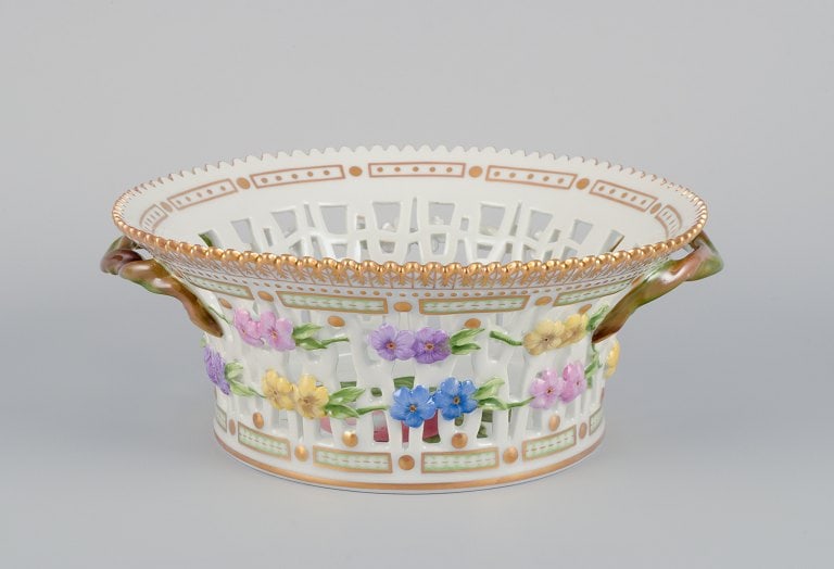 Royal Copenhagen Flora Danica porcelain fruit bowl, decorated in colors and gold with flowers. (1 of 9)