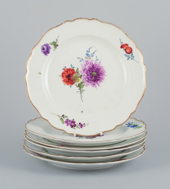 Meissen, Germany. A set of six antique porcelain dinner plates. Hand-painted with polychrome floral (1 of 9)