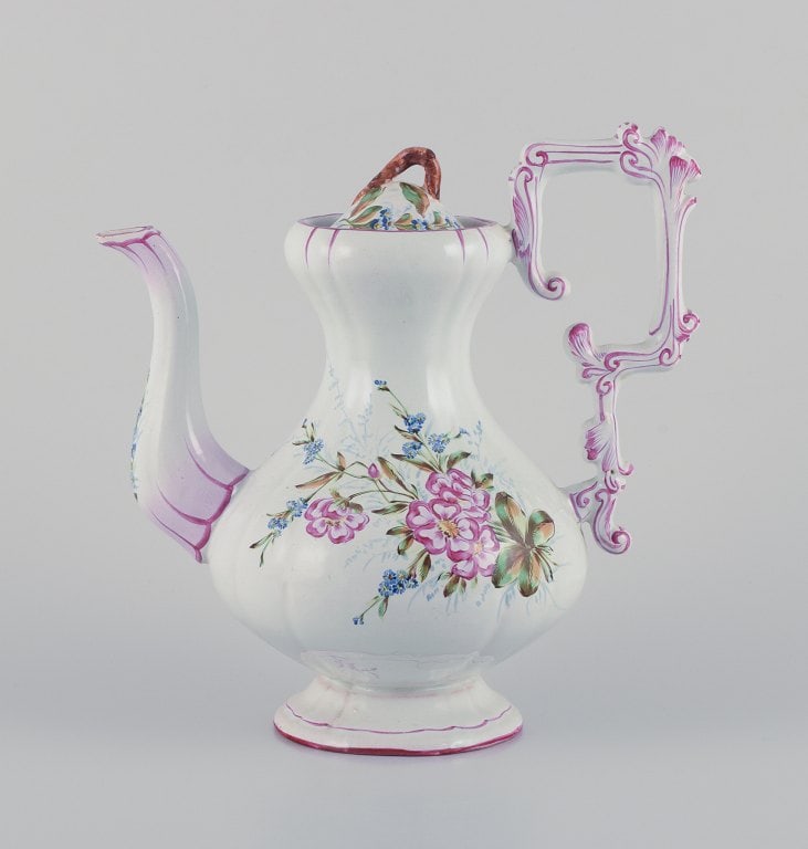 Emile Gallé (style of). Large coffee pot in faience with motifs of flowers and insects. (1 of 8)