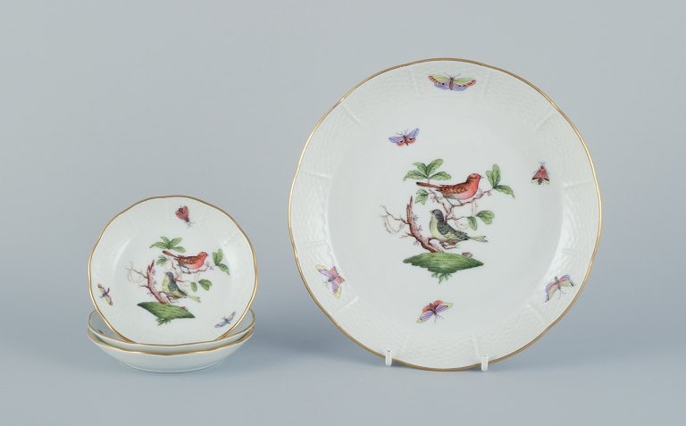 Herend, Hungary. Set of four porcelain bowls hand-painted with butterflies and birds on branches. (1 of 9)