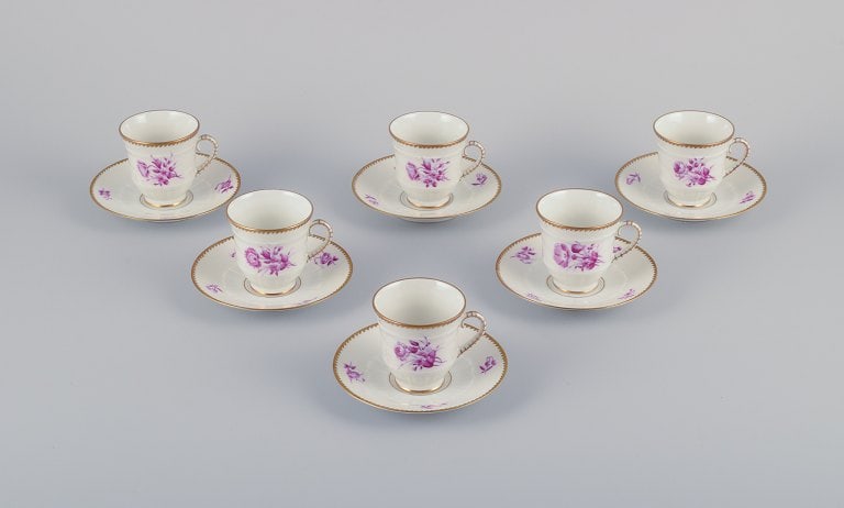Bing & Grøndahl, Denmark. A set of six demitasse cups with saucers decorated with floral motifs (1 of 8)
