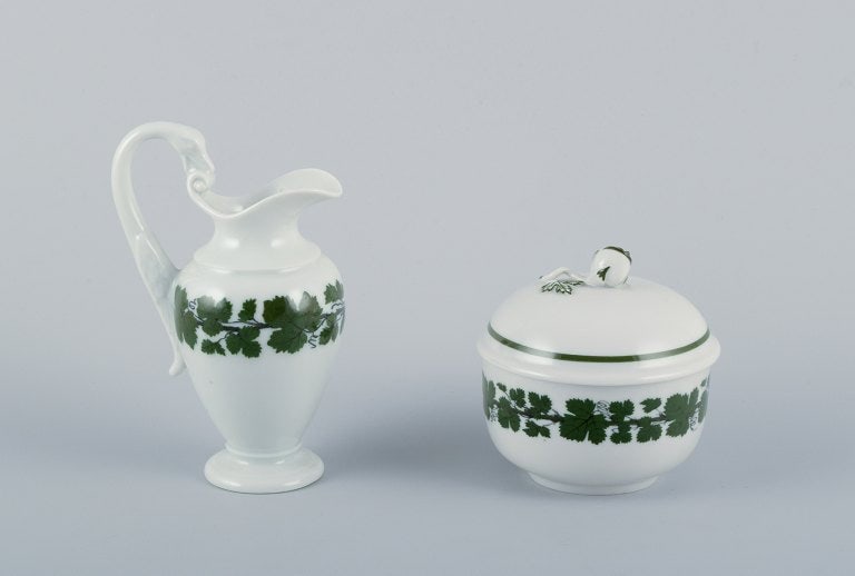 Meissen, Germany, Green Ivy Vine, sugar bowl and creamer with swan-shaped handles. Hand-painted.: Title:Meissen, Germany, Green Ivy Vine, sugar bowl and creamer with swan-shaped handles. Hand-painted. Description:Meissen, Germany, Green Ivy Vine, sugar bowl and creamer with swan-shaped handles. Ha