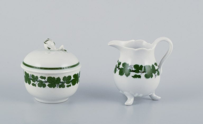 Meissen, Germany, Green Ivy Vine, sugar bowl and creamer. Hand-painted. (1 of 9)