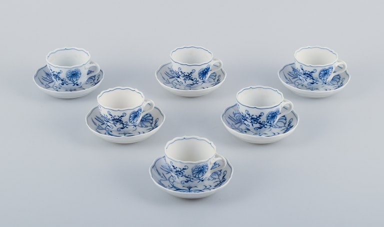 Meissen, Germany, a set of six pairs of Blue Onion pattern coffee cups with saucers. Hand-painted. (1 of 8)