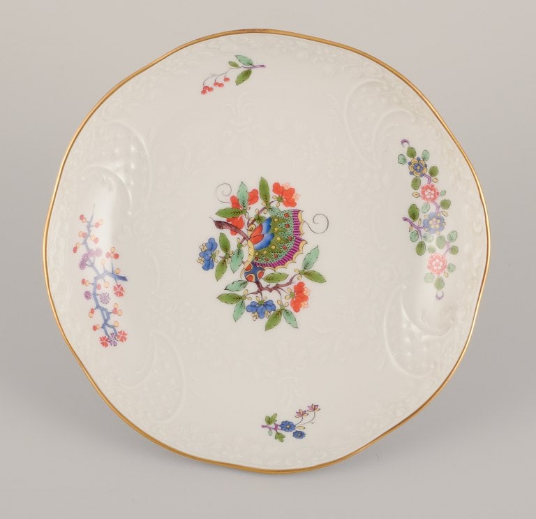 Meissen, Germany. Bowl hand-painted with a butterfly on a branch and polychrome flower motifs. Gold (1 of 5)