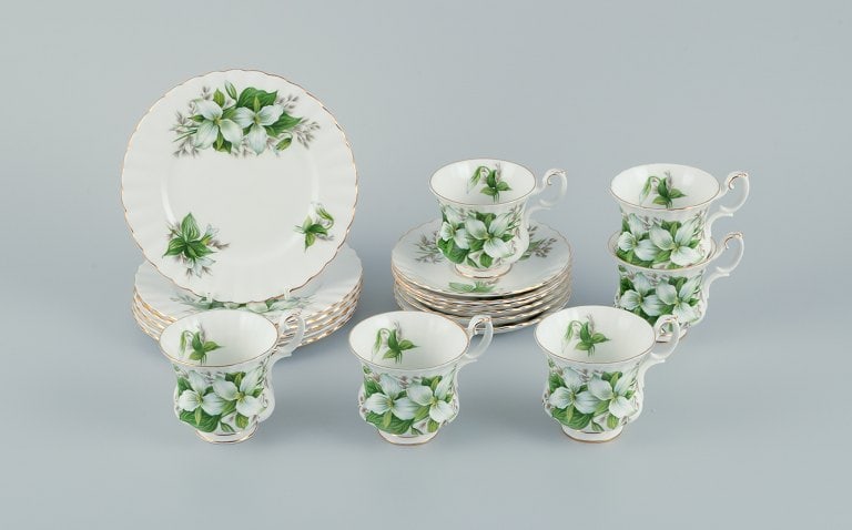 Royal Albert, England. A set of six "Trillium" coffee cups with saucers and cake plates. Decorated (1 of 7)