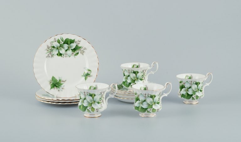 Royal Albert, England. A set of four "Trillium" coffee cups with saucers and cake plates. Decorated (1 of 7)