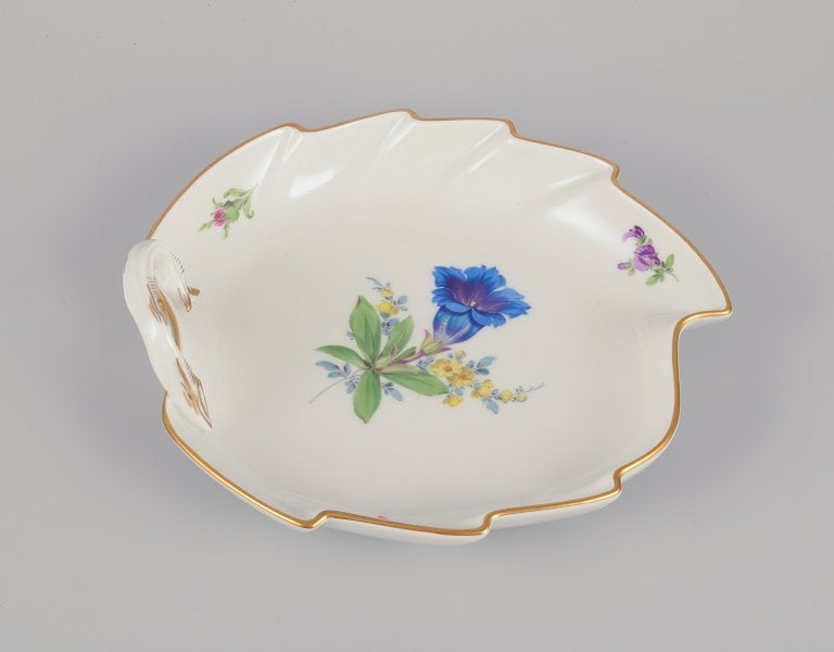 Meissen, Germany. Leaf-shaped porcelain dish. Hand-painted with polychrome flower motifs. (1 of 7)