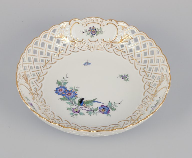 Meissen, Germany. Open lace bowl in porcelain, decorated in gold with an exotic bird on a flower (1 of 6)