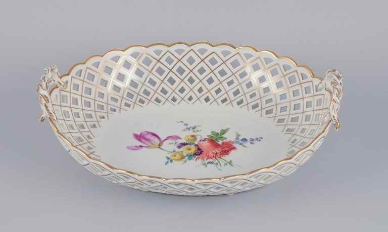 Meissen, Germany. Colossal open lace oval bowl. Hand-painted with polychrome flower motifs and gold (1 of 7)