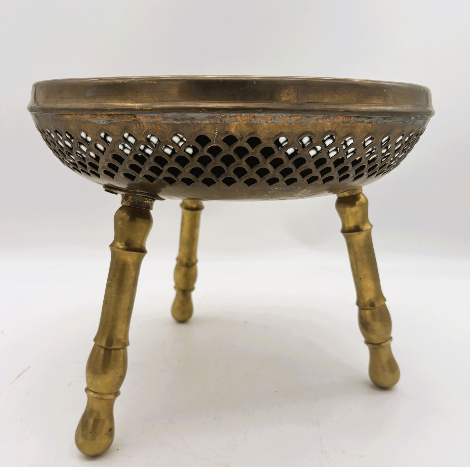 Vintage Brass Turkish Foot Warmer Persian Bohemian Stool ~ 3 Legged - 3
