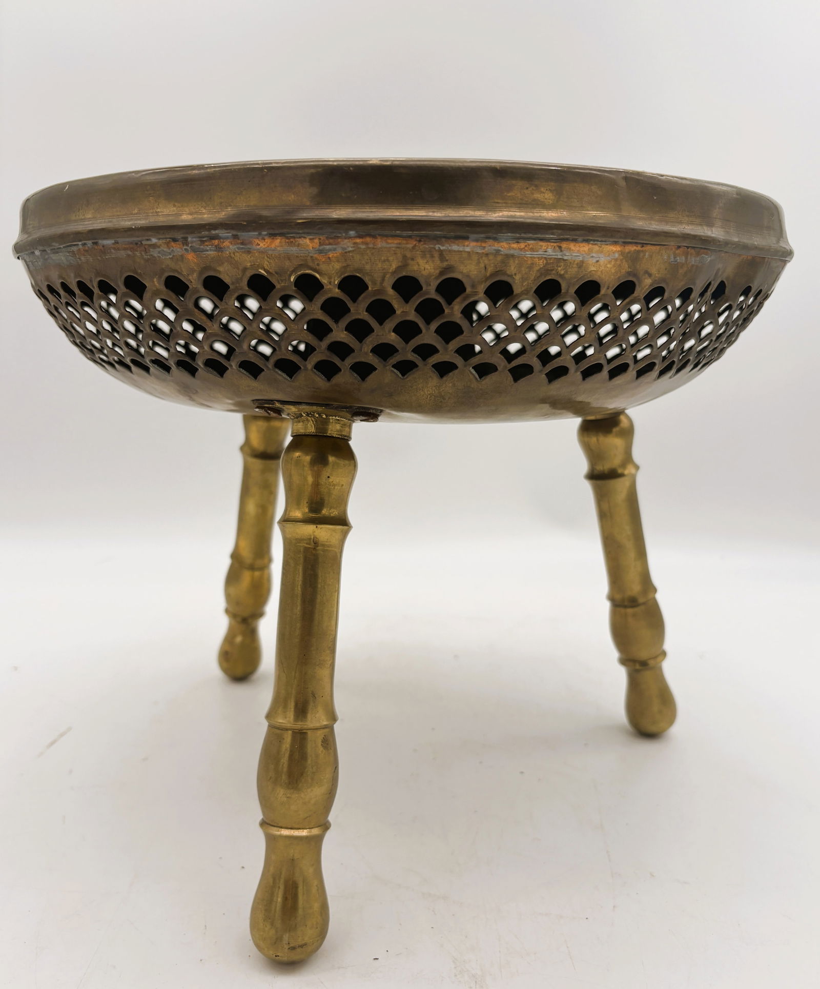 Vintage Brass Turkish Foot Warmer Persian Bohemian Stool ~ 3 Legged - 4