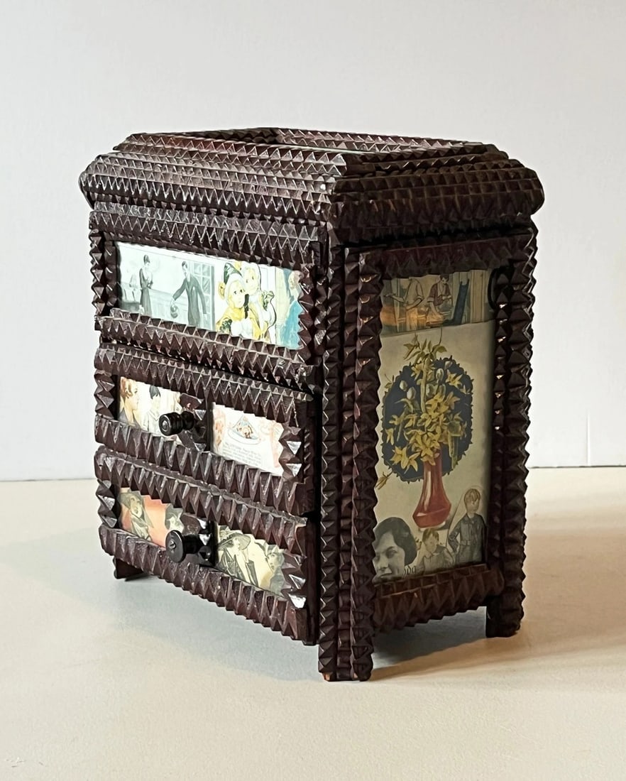 Tramp Art Chest with Decoupage Illustrations Under Glass Lift-top & Drawers 1920 - 2